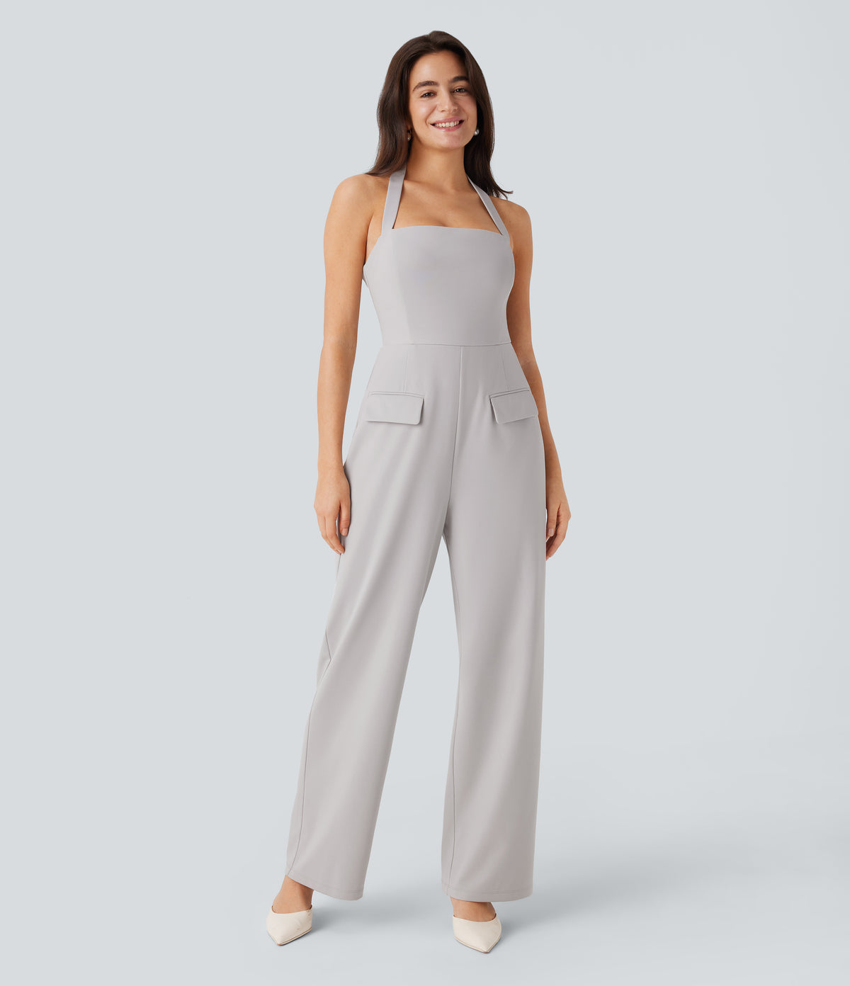 Halter Adjustable G-hook Flap Pockets Jumpsuit — Dawn Blue — view 1
