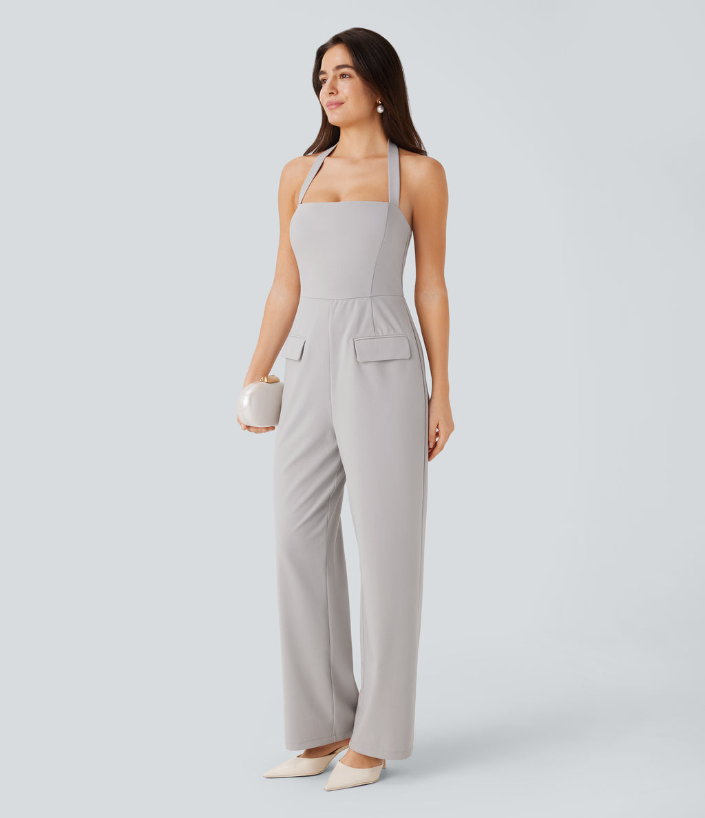 Halter Adjustable G-hook Flap Pockets Jumpsuit — Dawn Blue — view 6