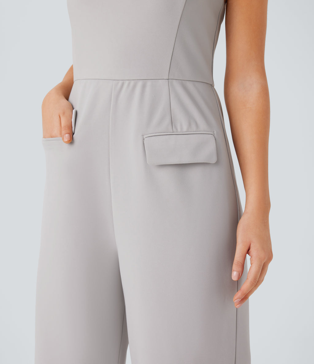 Halter Adjustable G-hook Flap Pockets Jumpsuit — Dawn Blue — view 5