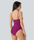 Deep V Neck Backless Adjustable Straps Tummy Control One Piece Swimsuit — Raspberry Radiance — view 2