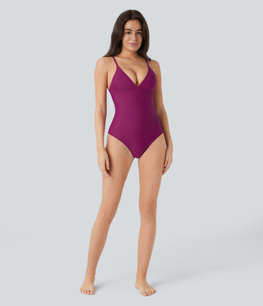 Deep V Neck Backless Adjustable Straps Tummy Control One Piece Swimsuit — Raspberry Radiance — view 6
