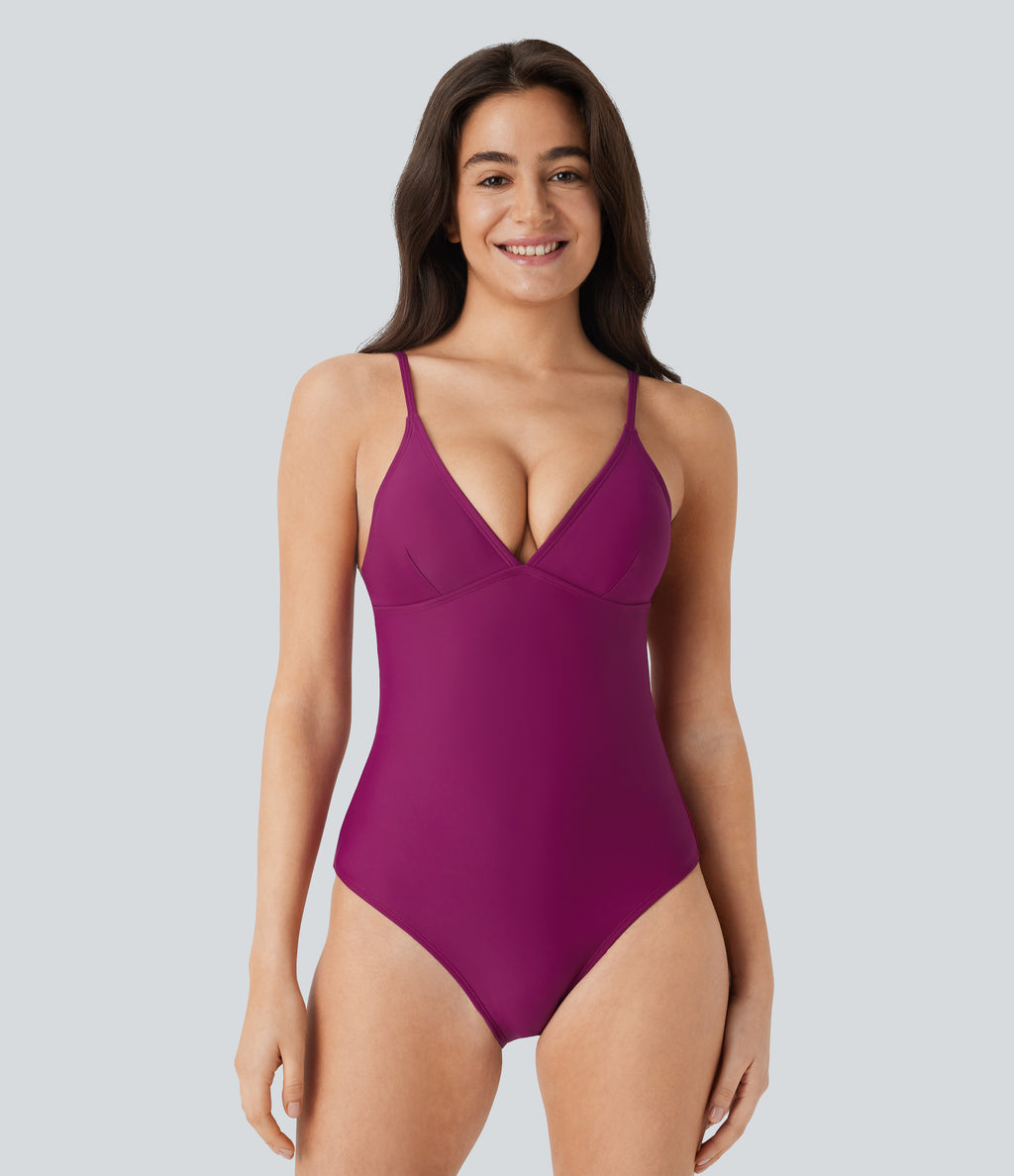 Deep V Neck Backless Adjustable Straps Tummy Control One Piece Swimsuit — Raspberry Radiance — view 3