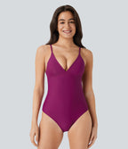 Deep V Neck Backless Adjustable Straps Tummy Control One Piece Swimsuit — Raspberry Radiance — view 3