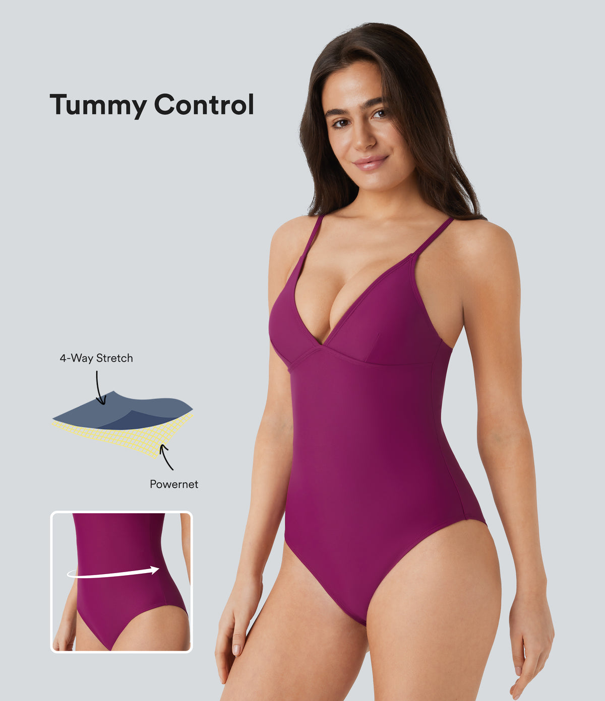 Deep V Neck Backless Adjustable Straps Tummy Control One Piece Swimsuit — Raspberry Radiance — view 1