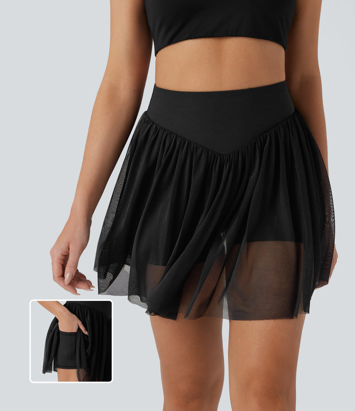 High Waisted Tummy Control 2-in-1 Pocket Mesh Mini Pickleball Skirt — Carbon Black — view 1