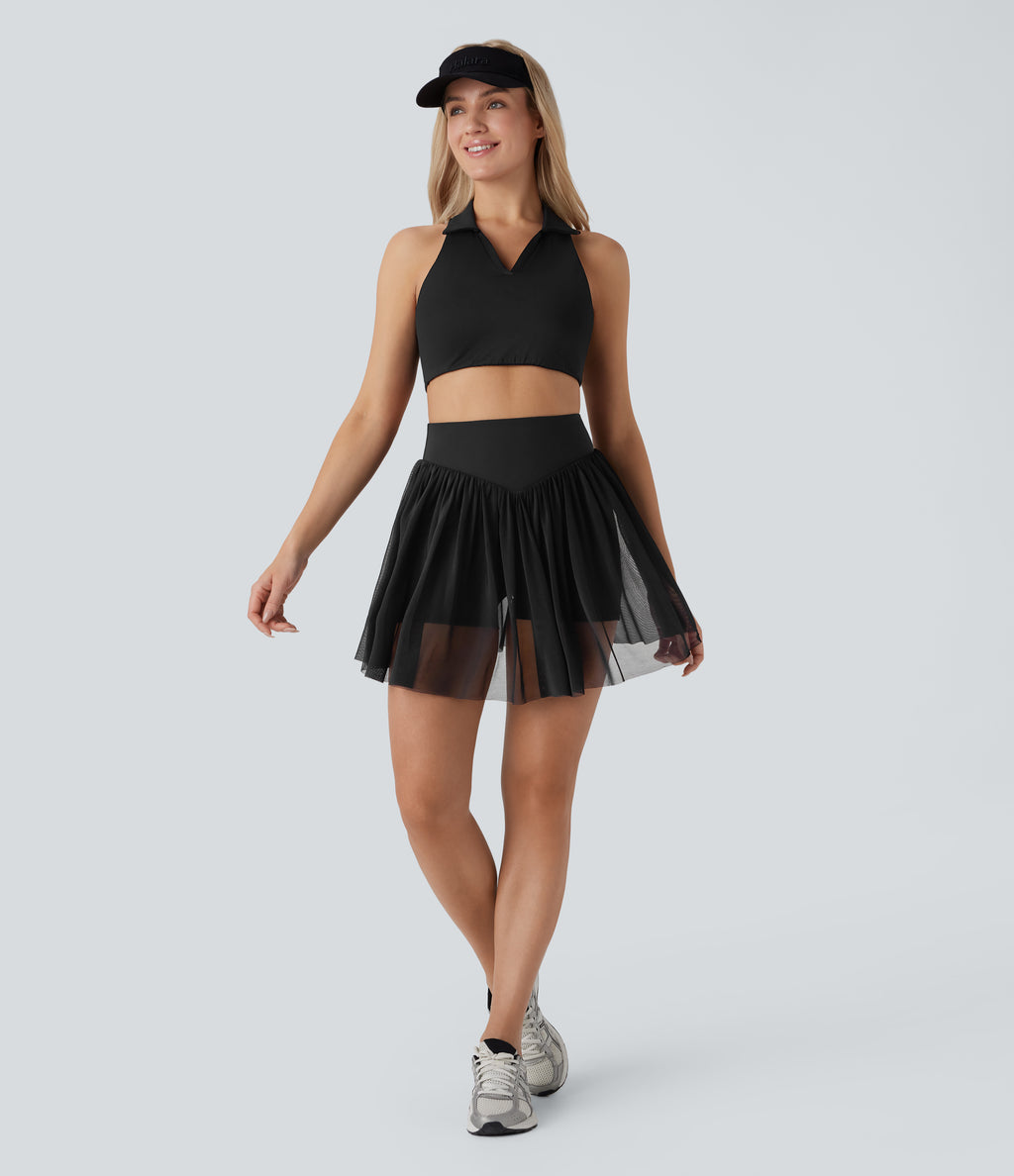 High Waisted Tummy Control 2-in-1 Pocket Mesh Mini Pickleball Skirt — Carbon Black — view 7