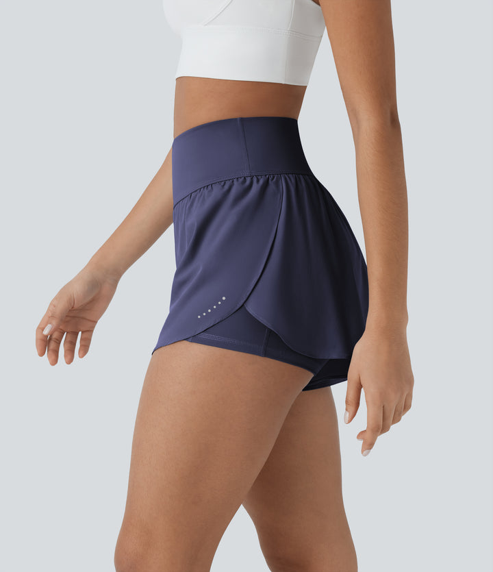 QuickDry High Waisted Tummy Control Reflective Dots Crossover Hem 2-in-1 Running Shorts 3'' with Pockets — Dawn Purple — view 1