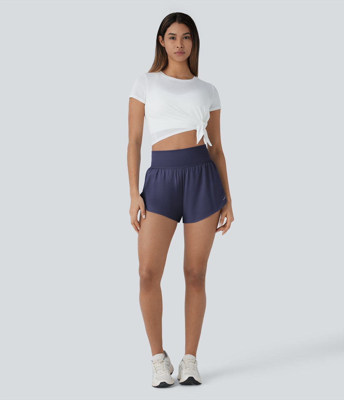 QuickDry High Waisted Tummy Control Reflective Dots Crossover Hem 2-in-1 Running Shorts 3'' with Pockets — Dawn Purple — view 8