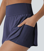 QuickDry High Waisted Tummy Control Reflective Dots Crossover Hem 2-in-1 Running Shorts 3'' with Pockets — Dawn Purple — view 5
