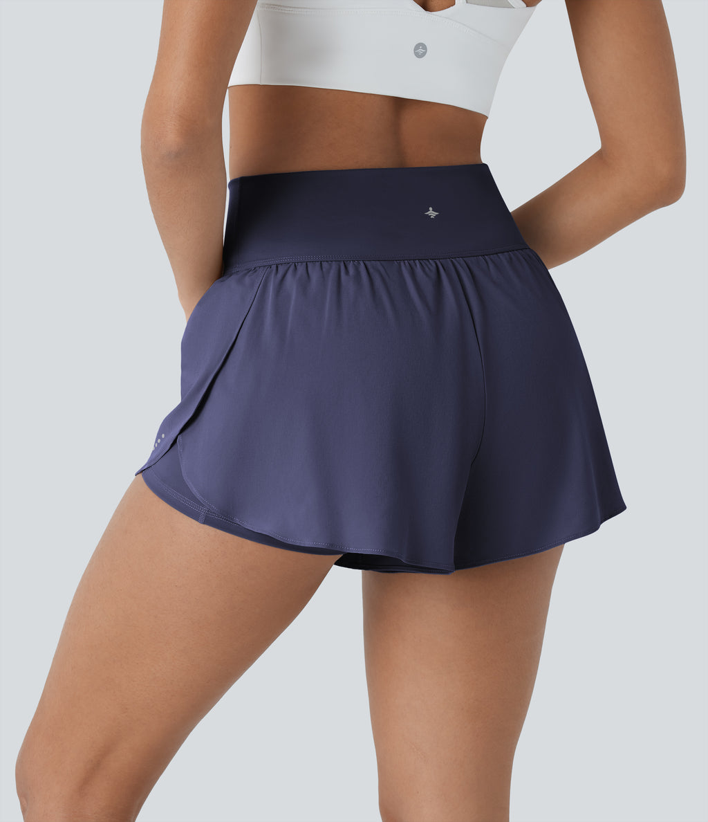 QuickDry High Waisted Tummy Control Reflective Dots Crossover Hem 2-in-1 Running Shorts 3'' with Pockets — Dawn Purple — view 3
