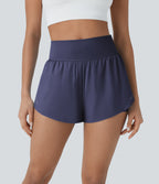 QuickDry High Waisted Tummy Control Reflective Dots Crossover Hem 2-in-1 Running Shorts 3'' with Pockets — Dawn Purple — view 4