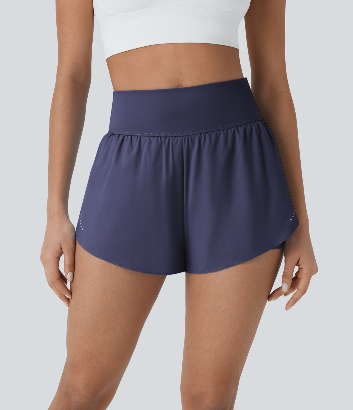 QuickDry High Waisted Tummy Control Reflective Dots Crossover Hem 2-in-1 Running Shorts 3'' with Pockets — Dawn Purple — view 4