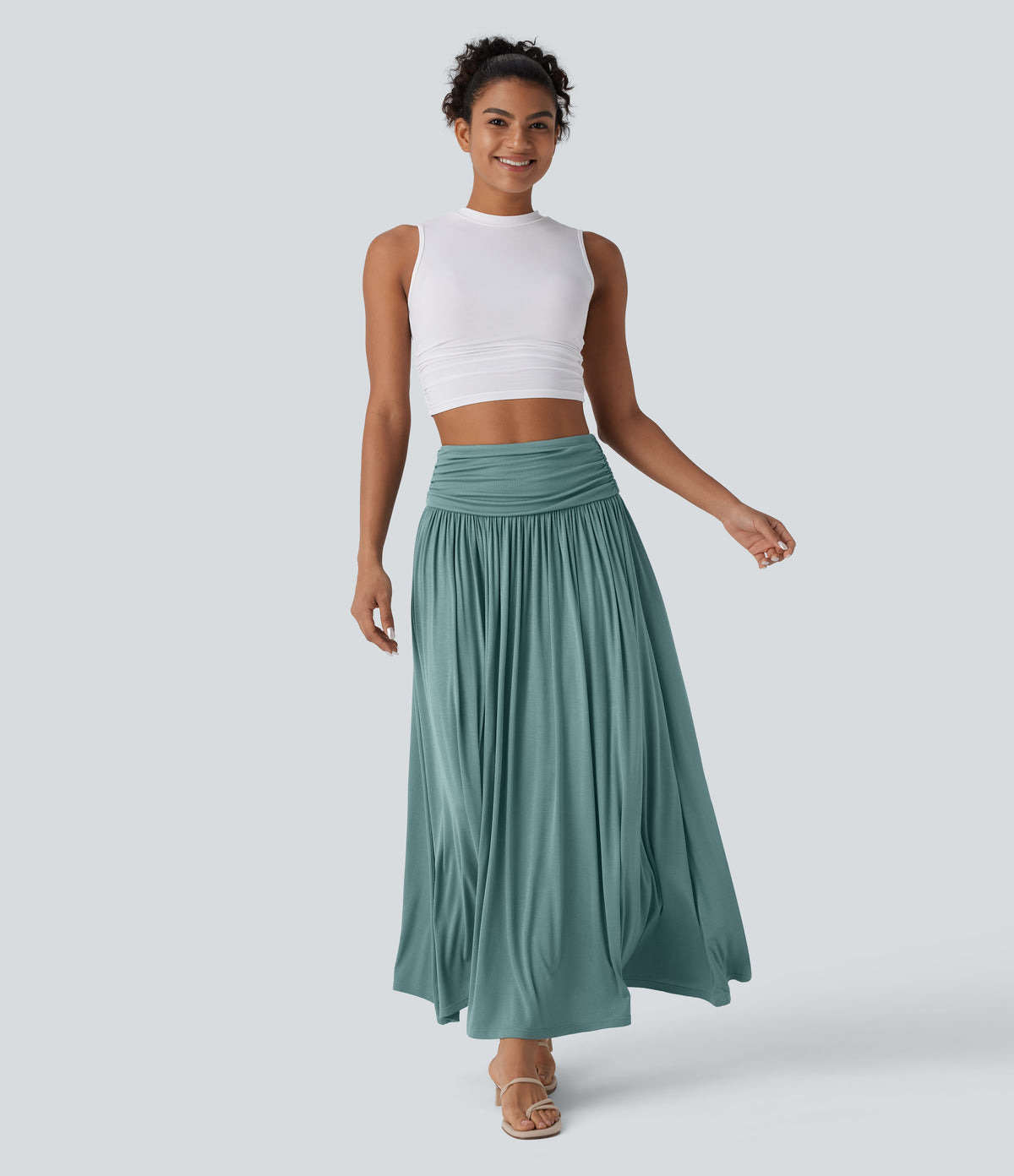 High Waisted Ruched Flowy Maxi Casual Skirt — Mineral Blue — view 1