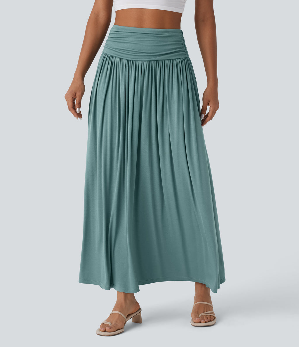 High Waisted Ruched Flowy Maxi Casual Skirt — Mineral Blue — view 5