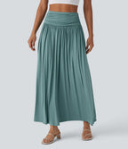 High Waisted Ruched Flowy Maxi Casual Skirt — Mineral Blue — view 5