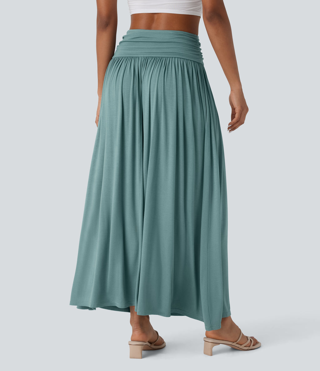 High Waisted Ruched Flowy Maxi Casual Skirt — Mineral Blue — view 4