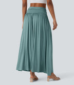 High Waisted Ruched Flowy Maxi Casual Skirt — Mineral Blue — view 4