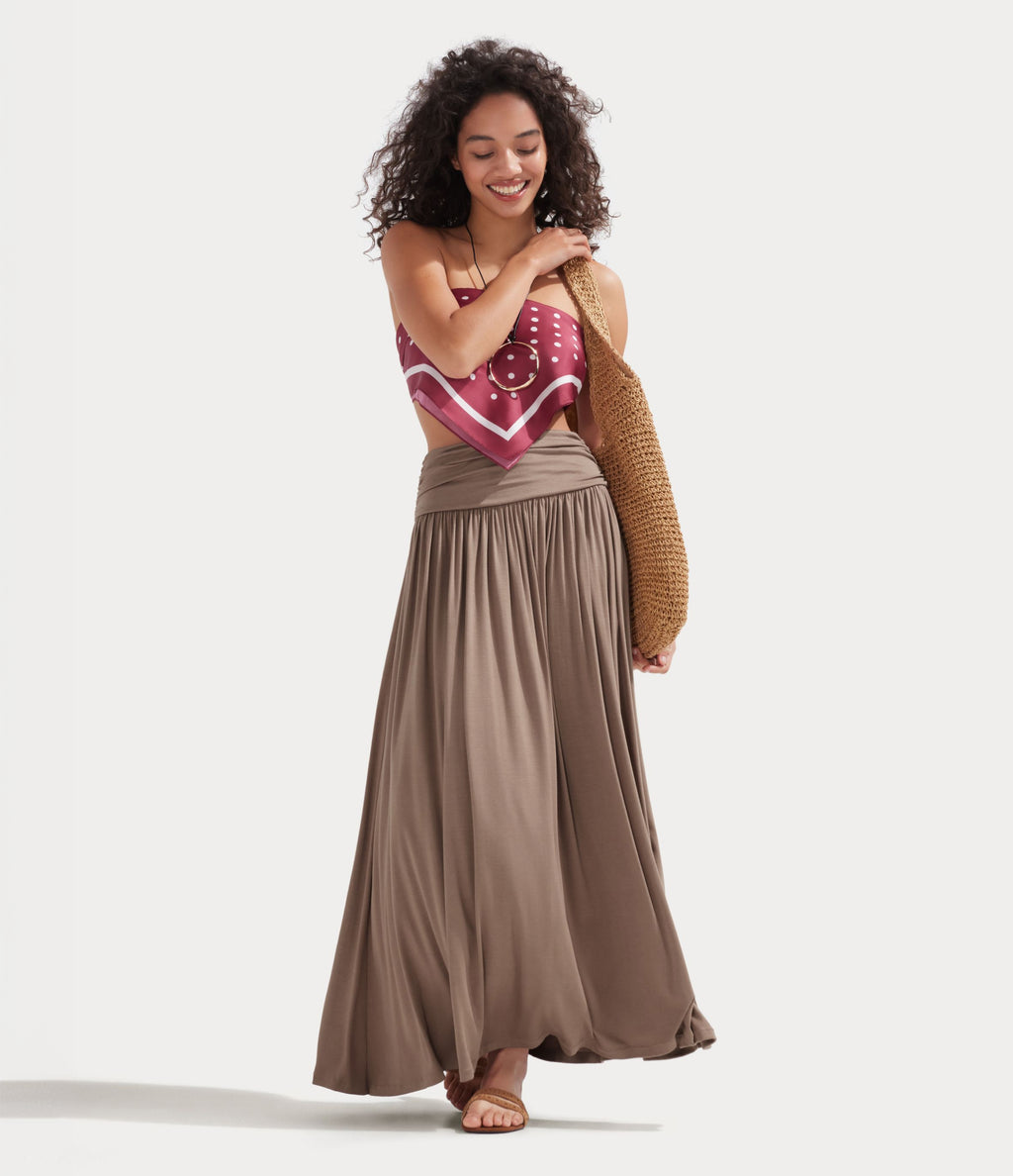 High Waisted Ruched Flowy Maxi Casual Skirt — Mineral Blue — view 2