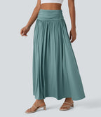 High Waisted Ruched Flowy Maxi Casual Skirt — Mineral Blue — view 3