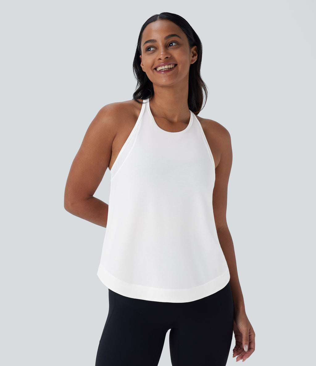 Racerback Curved Hem Stripe Quick Dry Running Tank Vest Top — White — view 1