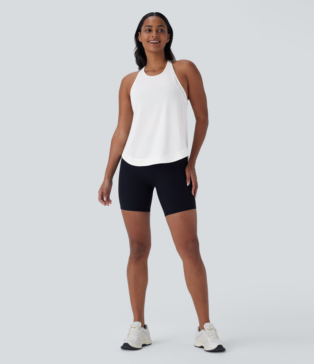 Racerback Curved Hem Stripe Quick Dry Running Tank Vest Top — White — view 7