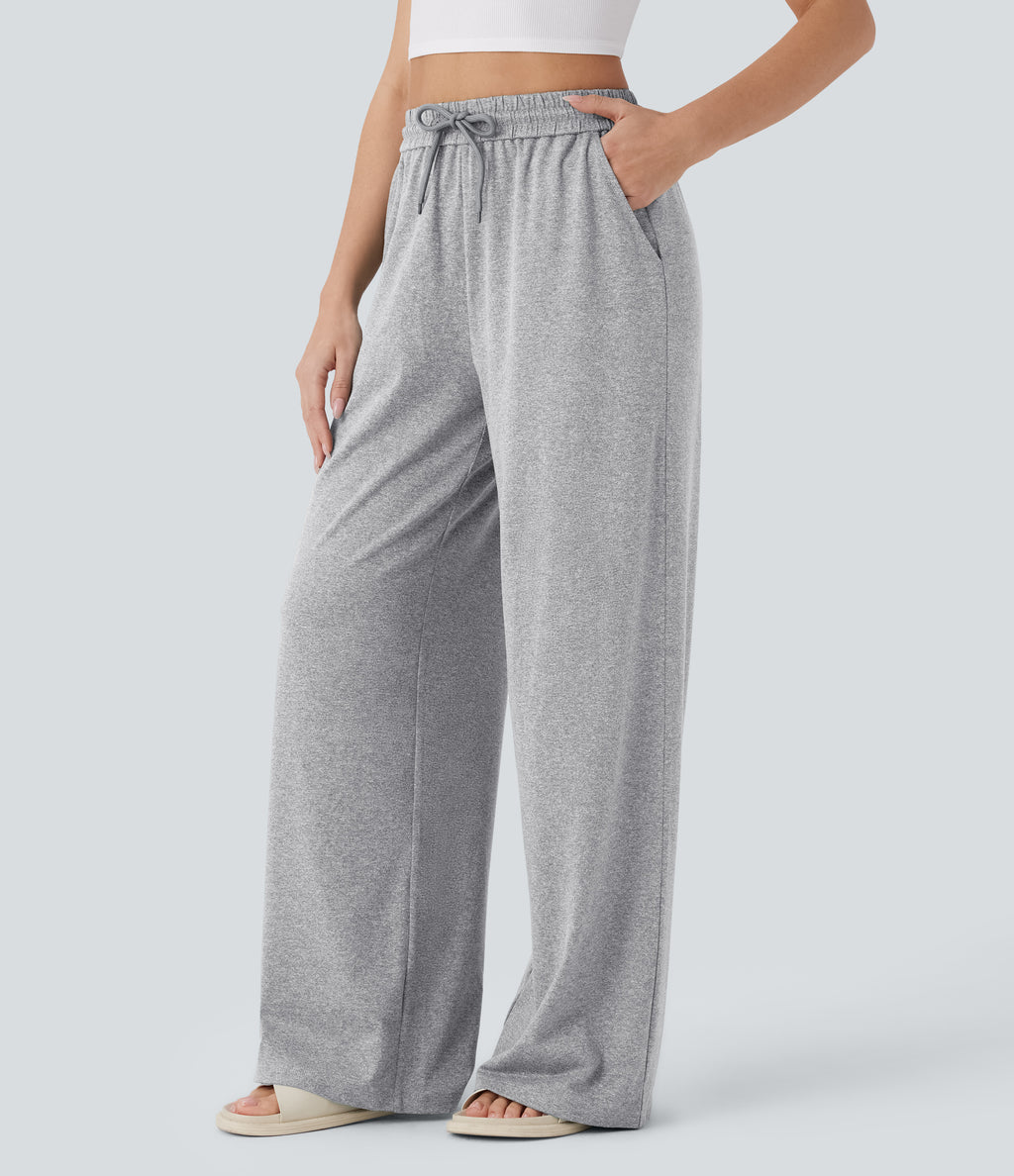 High Waisted Drawstring Pocket Wide Leg Casual Trousers — Fog Gray — view 3