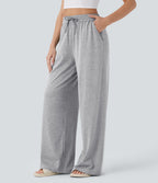 High Waisted Drawstring Pocket Wide Leg Casual Trousers — Fog Gray — view 3