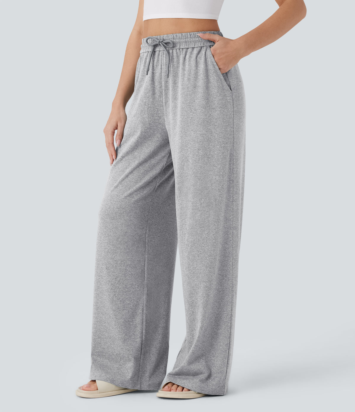 High Waisted Drawstring Pocket Wide Leg Casual Trousers — Fog Gray — view 3