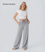 High Waisted Drawstring Pocket Wide Leg Casual Trousers — Fog Gray — view 4