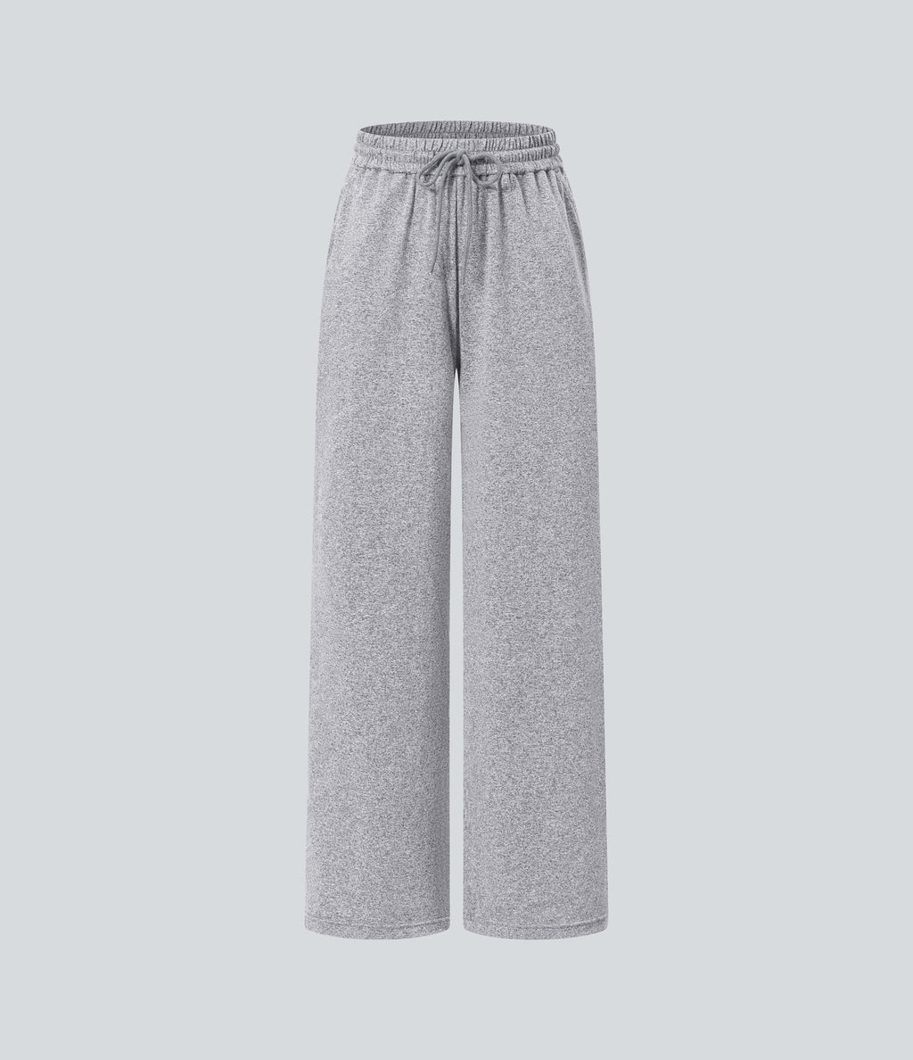 High Waisted Drawstring Pocket Wide Leg Casual Trousers — Fog Gray — view 8