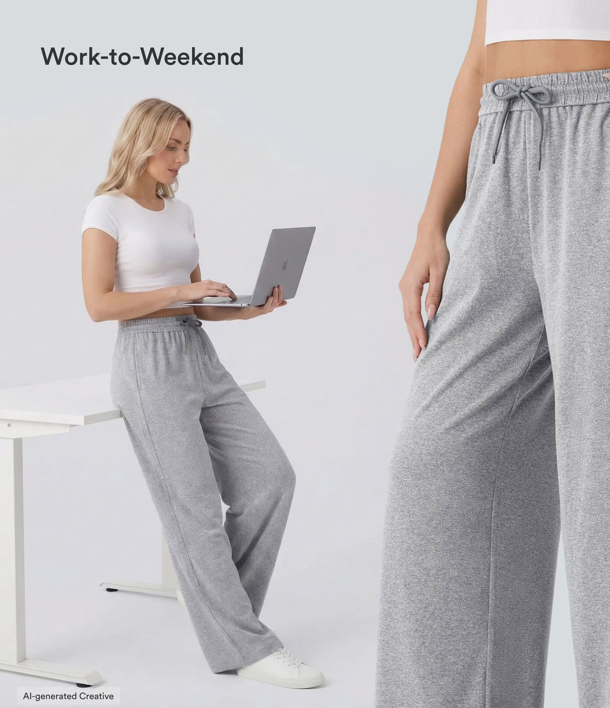 High Waisted Drawstring Pocket Wide Leg Casual Trousers — Fog Gray — view 6