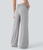 High Waisted Drawstring Pocket Wide Leg Casual Trousers — Fog Gray — view 2