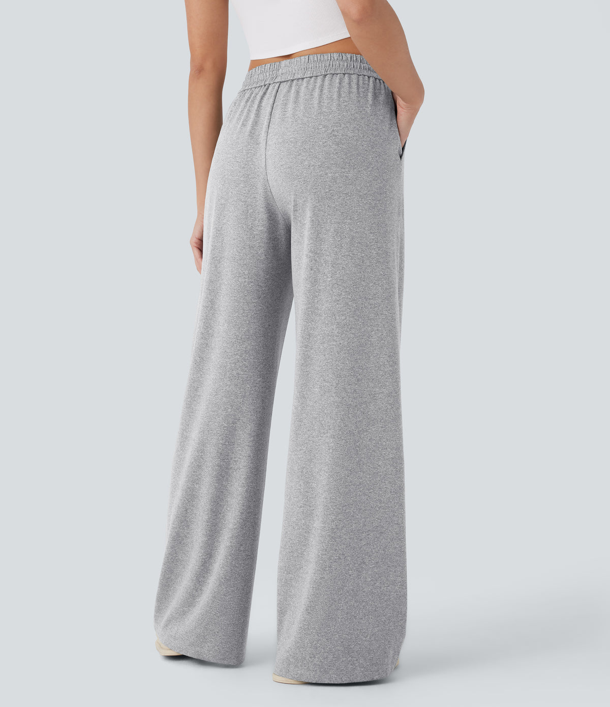 High Waisted Drawstring Pocket Wide Leg Casual Trousers — Fog Gray — view 2
