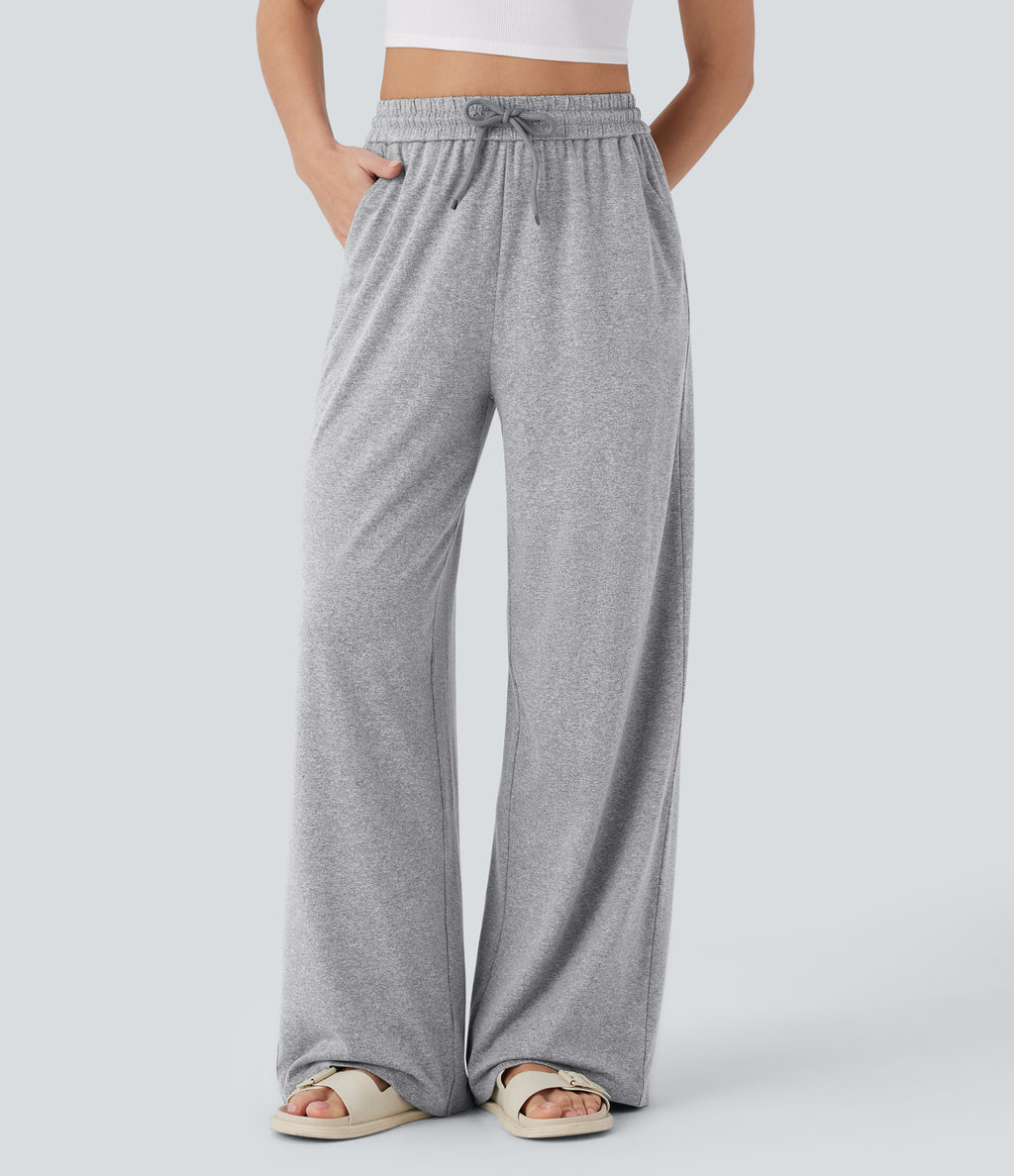 High Waisted Drawstring Pocket Wide Leg Casual Trousers — Fog Gray — view 1