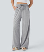 High Waisted Drawstring Pocket Wide Leg Casual Trousers — Fog Gray — view 1