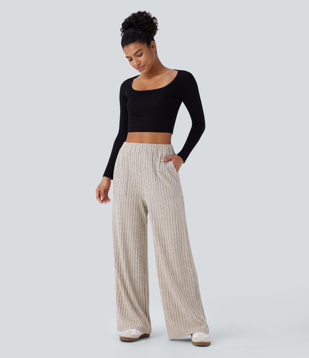 Ribbed Knit High Waisted Multiple Pockets Wide Leg Fleece Casual Trousers — Warm Grey Floral Velvet — view 6