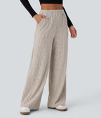 Ribbed Knit High Waisted Multiple Pockets Wide Leg Fleece Casual Trousers — Warm Grey Floral Velvet — view 3