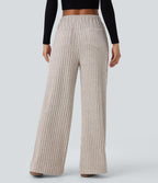 Ribbed Knit High Waisted Multiple Pockets Wide Leg Fleece Casual Trousers — Warm Grey Floral Velvet — view 2
