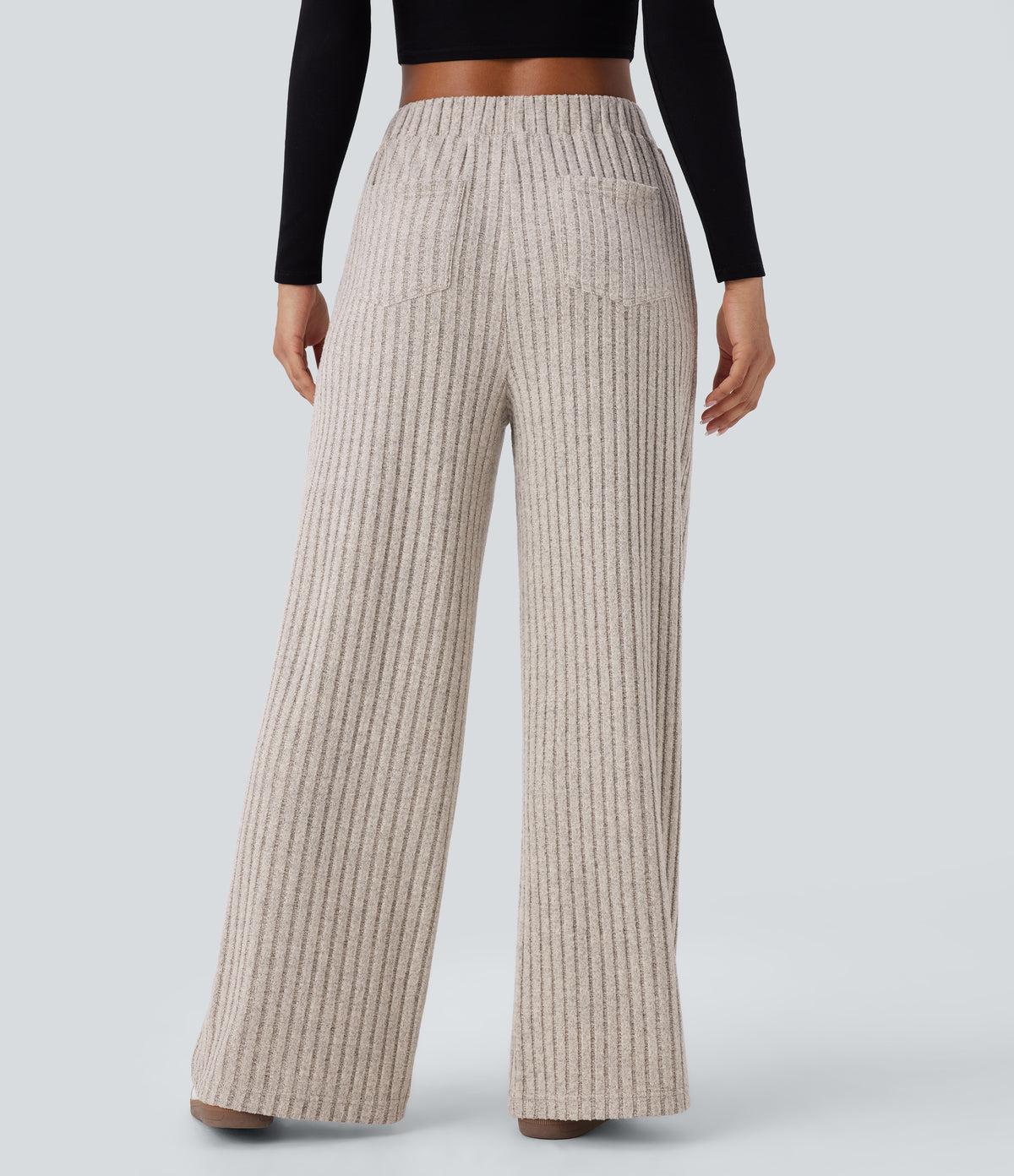 Ribbed Knit High Waisted Multiple Pockets Wide Leg Fleece Casual Trousers — Warm Grey Floral Velvet — view 2