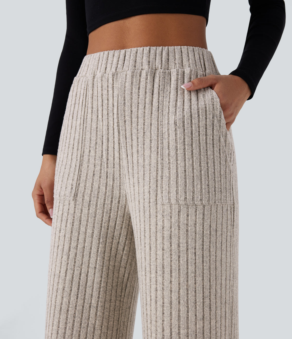 Ribbed Knit High Waisted Multiple Pockets Wide Leg Fleece Casual Trousers — Warm Grey Floral Velvet — view 4