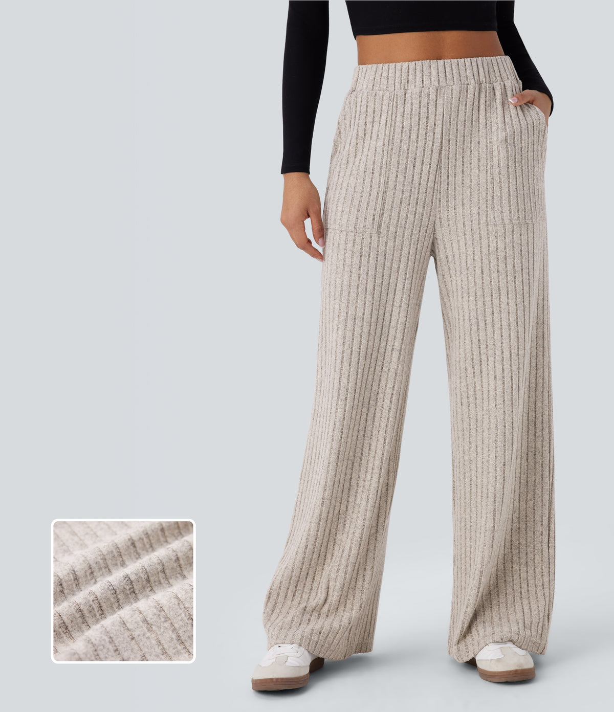 Ribbed Knit High Waisted Multiple Pockets Wide Leg Fleece Casual Trousers — Warm Grey Floral Velvet — view 1