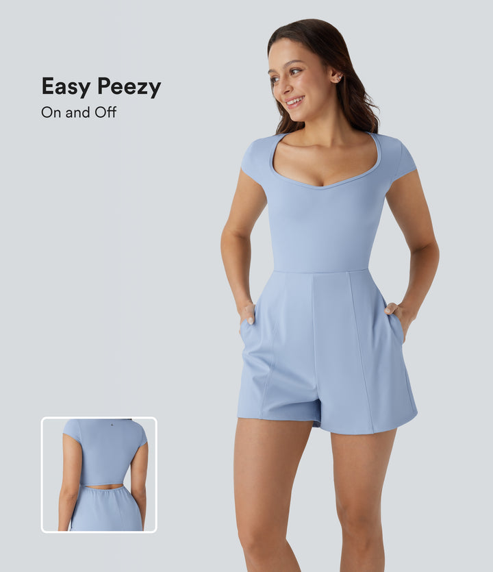 Airy U Neck Cap Sleeve Pocket InstantCool Yoga Playsuit — Chambray Blue — view 1