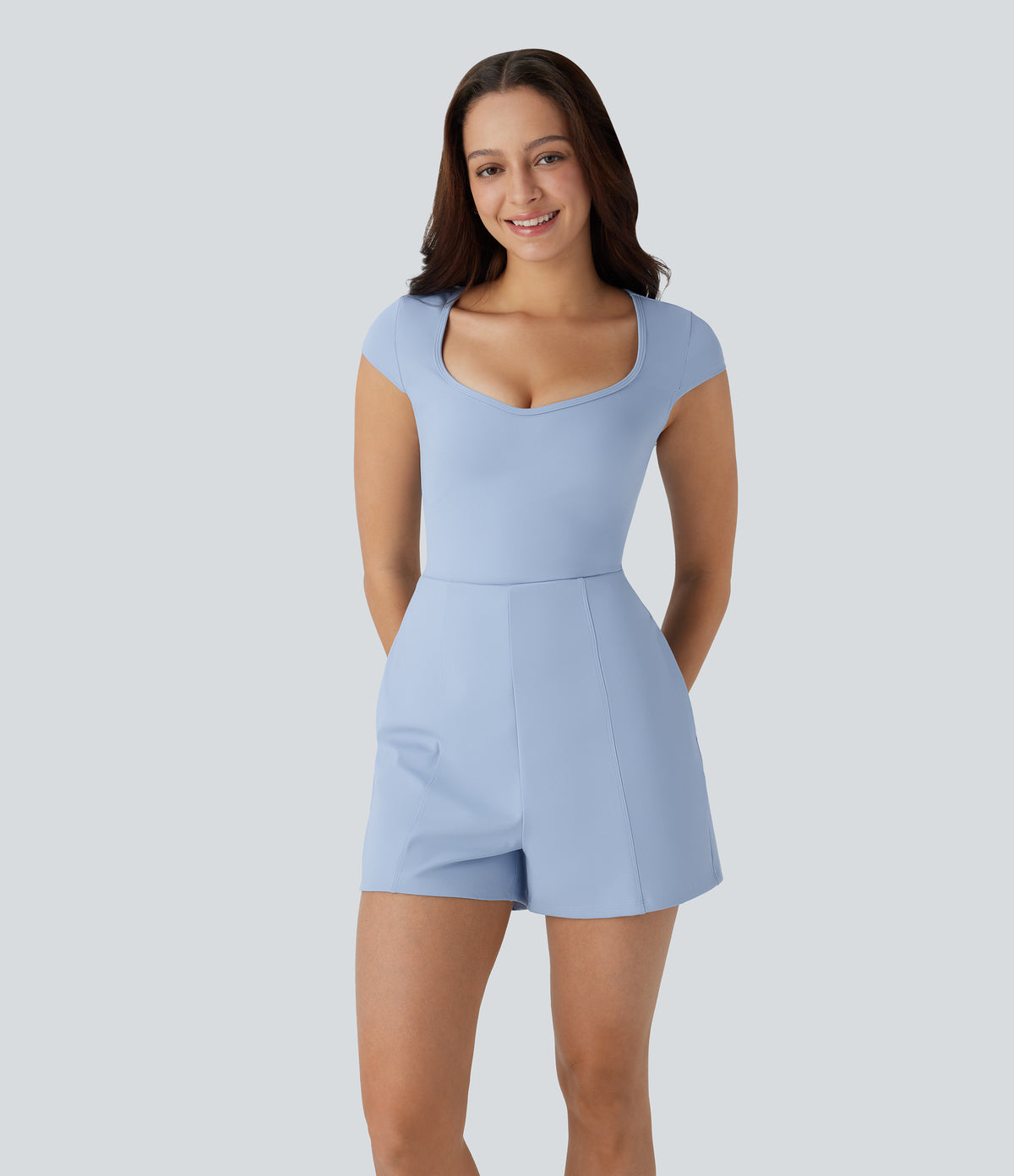 Airy U Neck Cap Sleeve Pocket InstantCool Yoga Playsuit — Chambray Blue — view 7