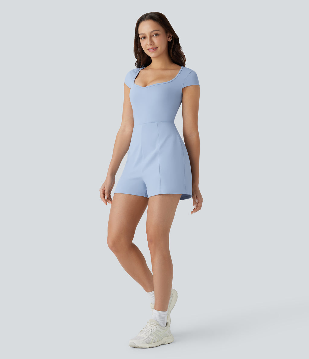 Airy U Neck Cap Sleeve Pocket InstantCool Yoga Playsuit — Chambray Blue — view 8