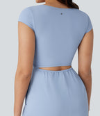 Airy U Neck Cap Sleeve Pocket InstantCool Yoga Playsuit — Chambray Blue — view 5