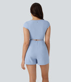 Airy U Neck Cap Sleeve Pocket InstantCool Yoga Playsuit — Chambray Blue — view 2