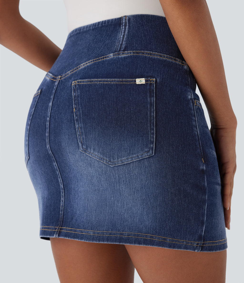 Crossover High Waisted Pockets Bodycon Mini Washed Denim Casual Skirt — Bright Blue Denim — view 5