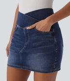 Crossover High Waisted Pockets Bodycon Mini Washed Denim Casual Skirt — Bright Blue Denim — view 3