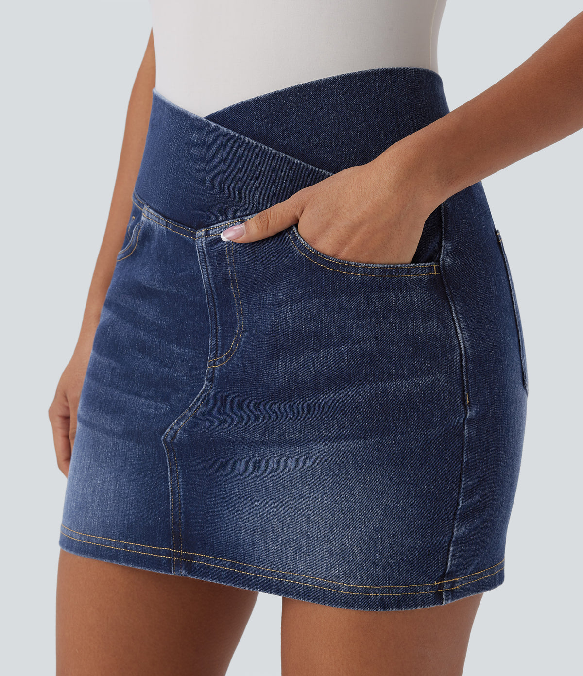 Crossover High Waisted Pockets Bodycon Mini Washed Denim Casual Skirt — Bright Blue Denim — view 3