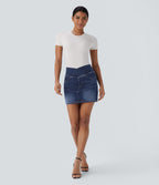 Crossover High Waisted Pockets Bodycon Mini Washed Denim Casual Skirt — Bright Blue Denim — view 6
